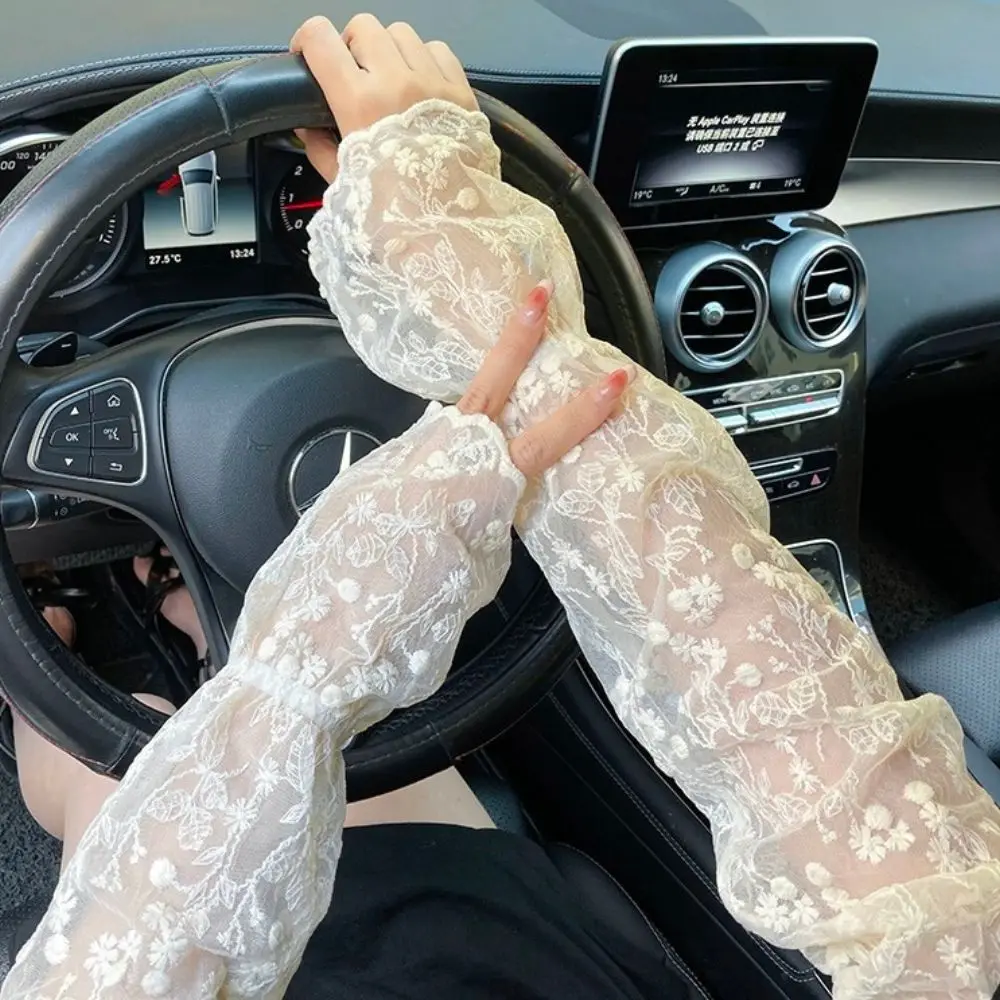 Sweet Lace Floral Anti-sunburn Sleeve Summer Women Driving Gloves Long Fingerless Cool Muff  White Beige Arm Sleeves Woman New