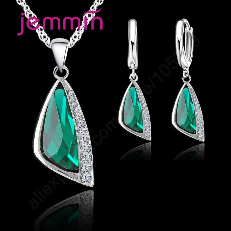 New 925 Sterling Silver Green CZ Stone Jewelry Set Necklace & Hoop Earring for Women Wedding Luxury Jewelry Party Gift