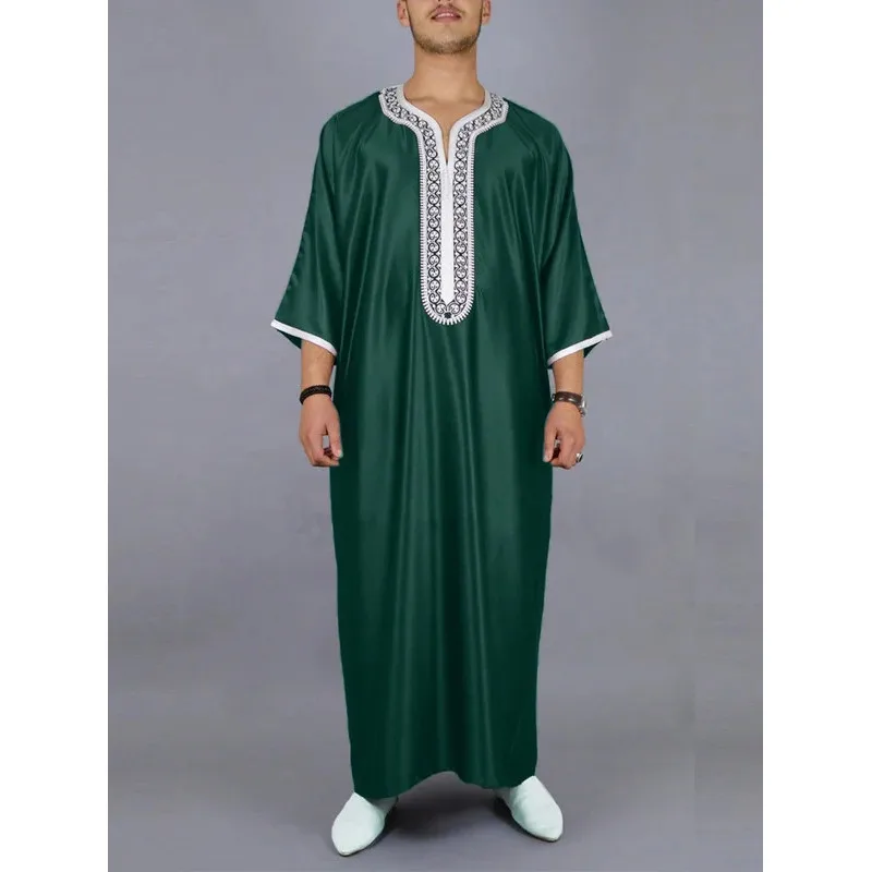 New Muslim Embroidered Moroccan Green Arab Robe Traditional Casual Robes for Islamic Muslim Men