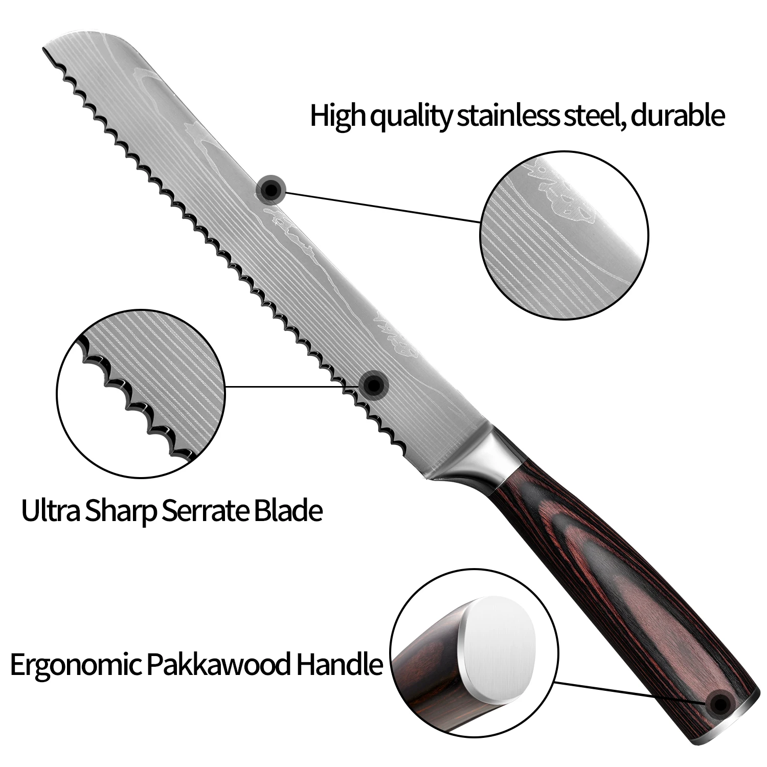 8 Inches Bread Knife Chef Cut Meat Cheese Toast Fish Fruit Knife Laser Knives Wooden Handle Professional Kitchen Knives