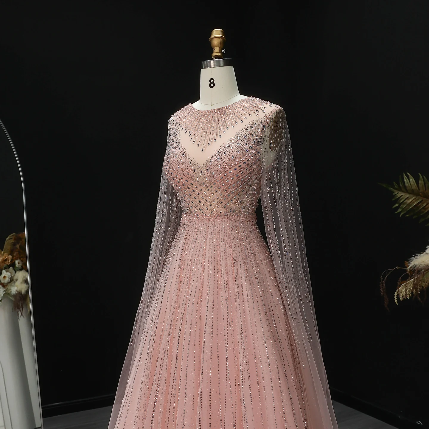 Sharon Said Luxuriöse Dubai Perlen-Kristall-Tüll-Abendkleider Elegante Cape-Ärmel Formelle Ballkleider SS054 Maßanfertigung – Detail 11