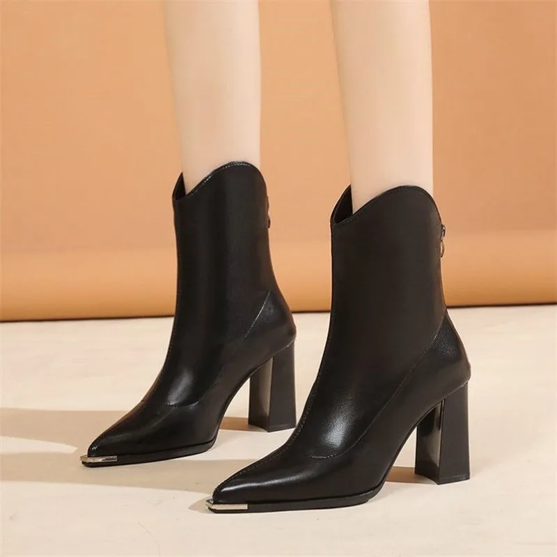 Shoes for Women 2023 High Quality Winter Women\'s Boots Fashion Pointed Toe Lady High Heel Ankle Boots Platform Brown Short Boots