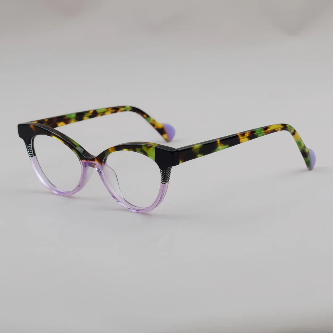 

2025 Summer Handmade Design Fashion Colored Cat Eye Acetate Women Eyeglass Frames Circular Reading Myopia Optical Flat Glasses