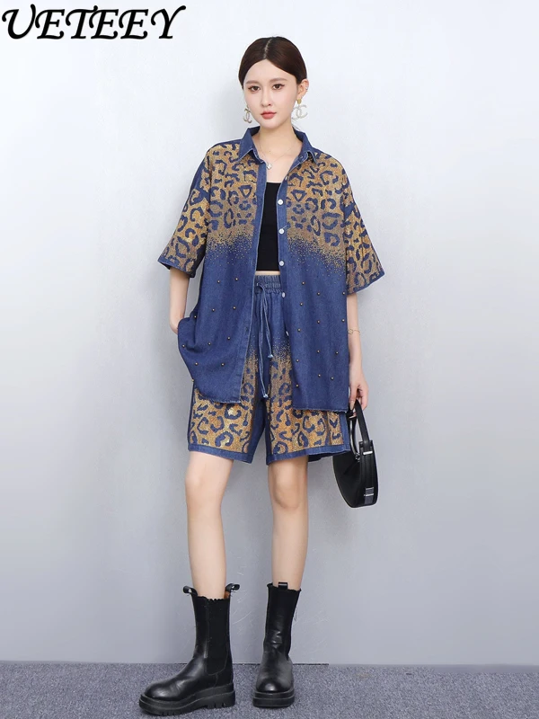 

Новый летний женский джинсовый костюм, свободная рубашка оверсайз со стразами и эластичные шорты с высокой талией, модный комплект из двух предметов