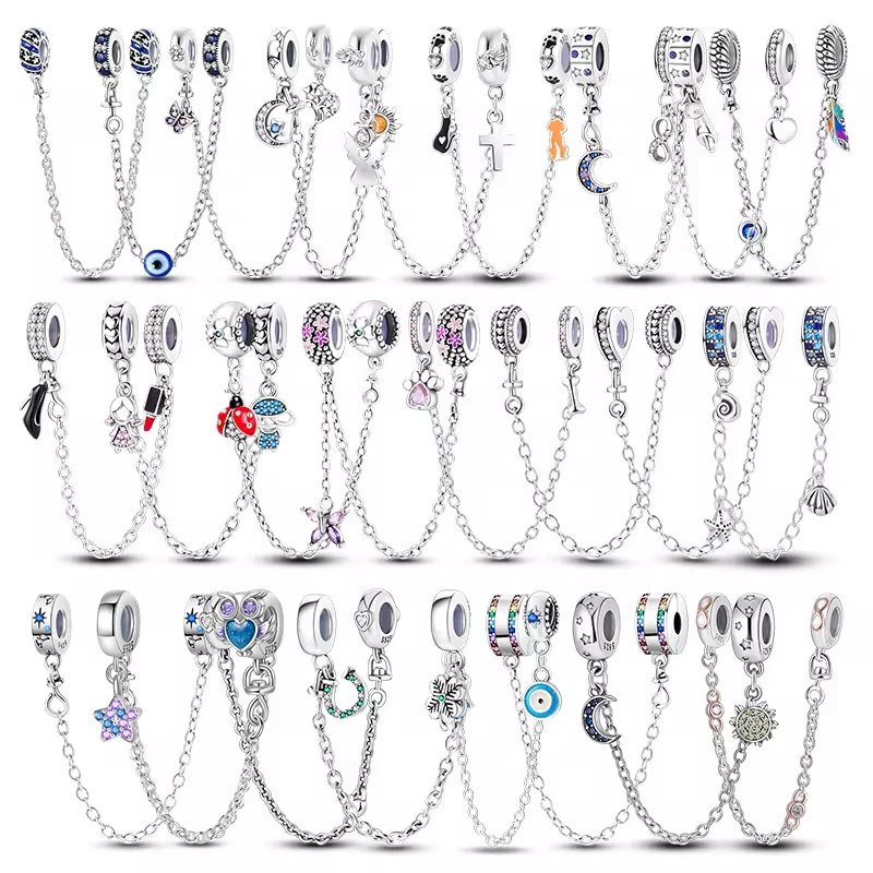 100% 925 Sterling Silver Fashion Star Moon Butterfly Sunflower Silicone Safety Chain Fit Pandora Original Bracelets DIY Jewelry