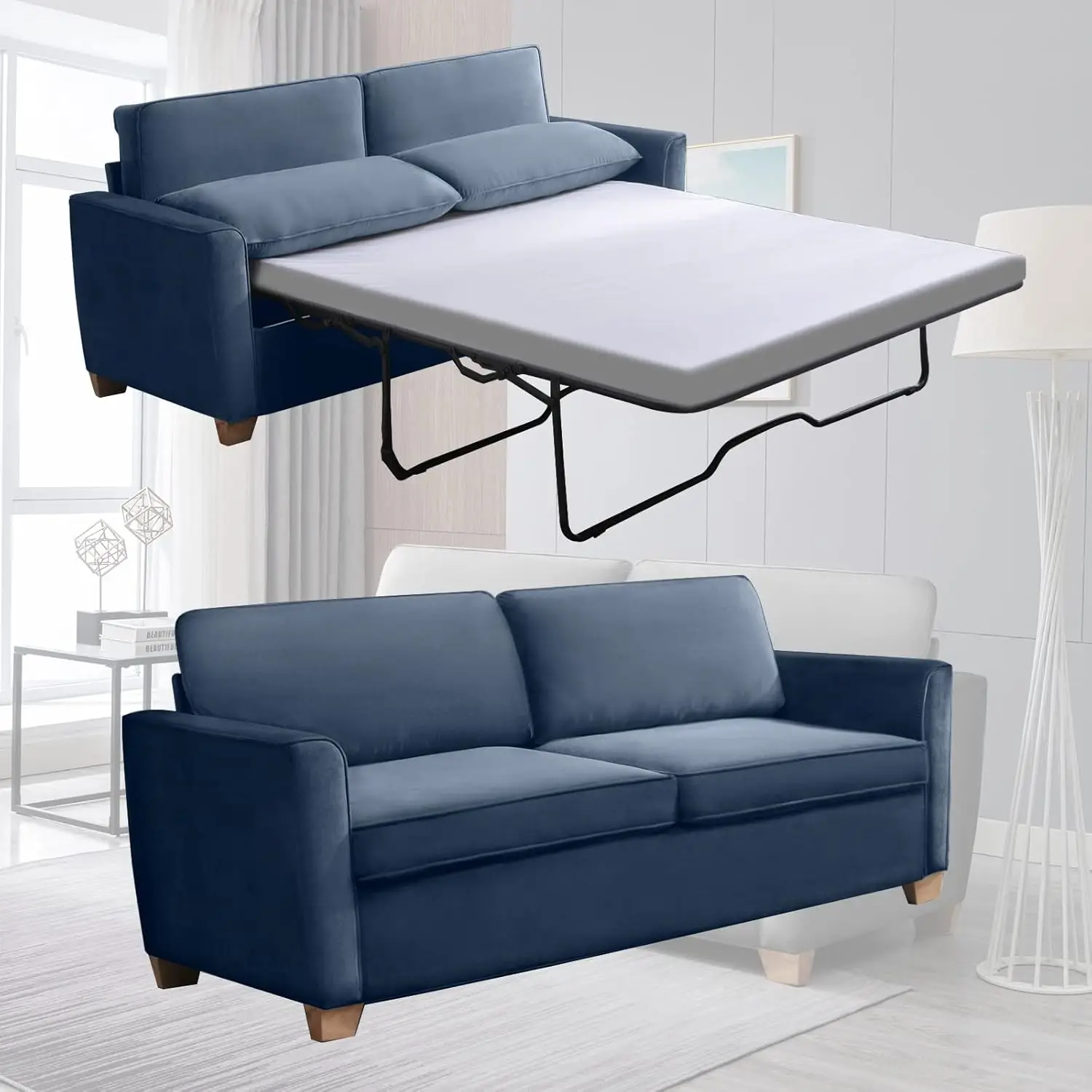 Mjkone 77 Inch Queen Size Pull Out Sofa Bed Sleeper With Folding Foam Mattress, 2-In-1 Velvet Sleepers Loveseat Sofas Couch