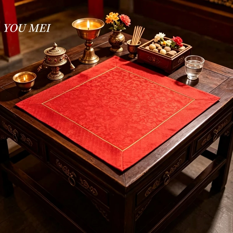 Tibetan-Style Red Pattern Tablecloth Mat,Buddhist Hall Decorative Embroidery Sacred Artifact Mat Altar Tablecloth Buddhist Item