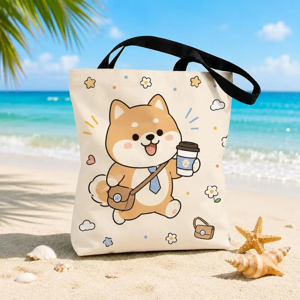 

Happy Shiba Lnu Office Worker Storage Bags Canvas Double-Sided Print Durable Tote Bag Beach Travel Picnic Foldable Eco Handbag