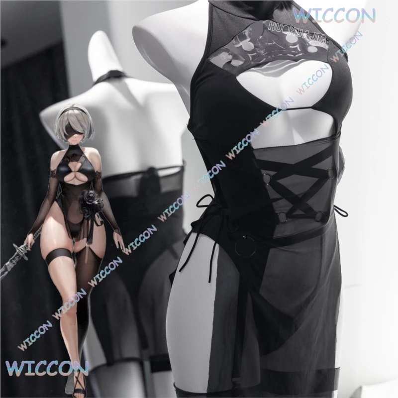 [YiNuo Store]Game NieR: Automata 2B Cosplay Costume Black Sexy Uniforms Jumpsuit Women Summer Swimsuit Wig Halloween Party Role - Image 2