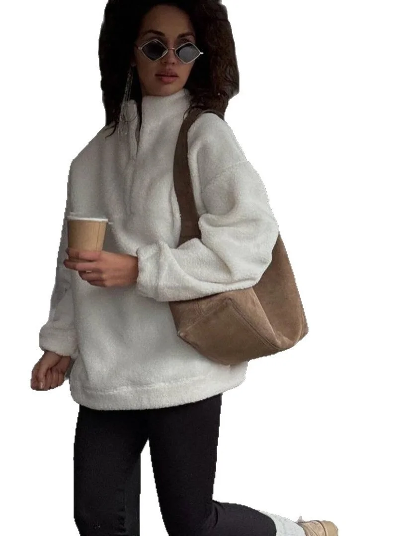 

Однотонная женская приталенная толстовка с воротником-стойкой и длинными рукавами, уличный стиль, бархатная, китайский бренд, зимнее пальто