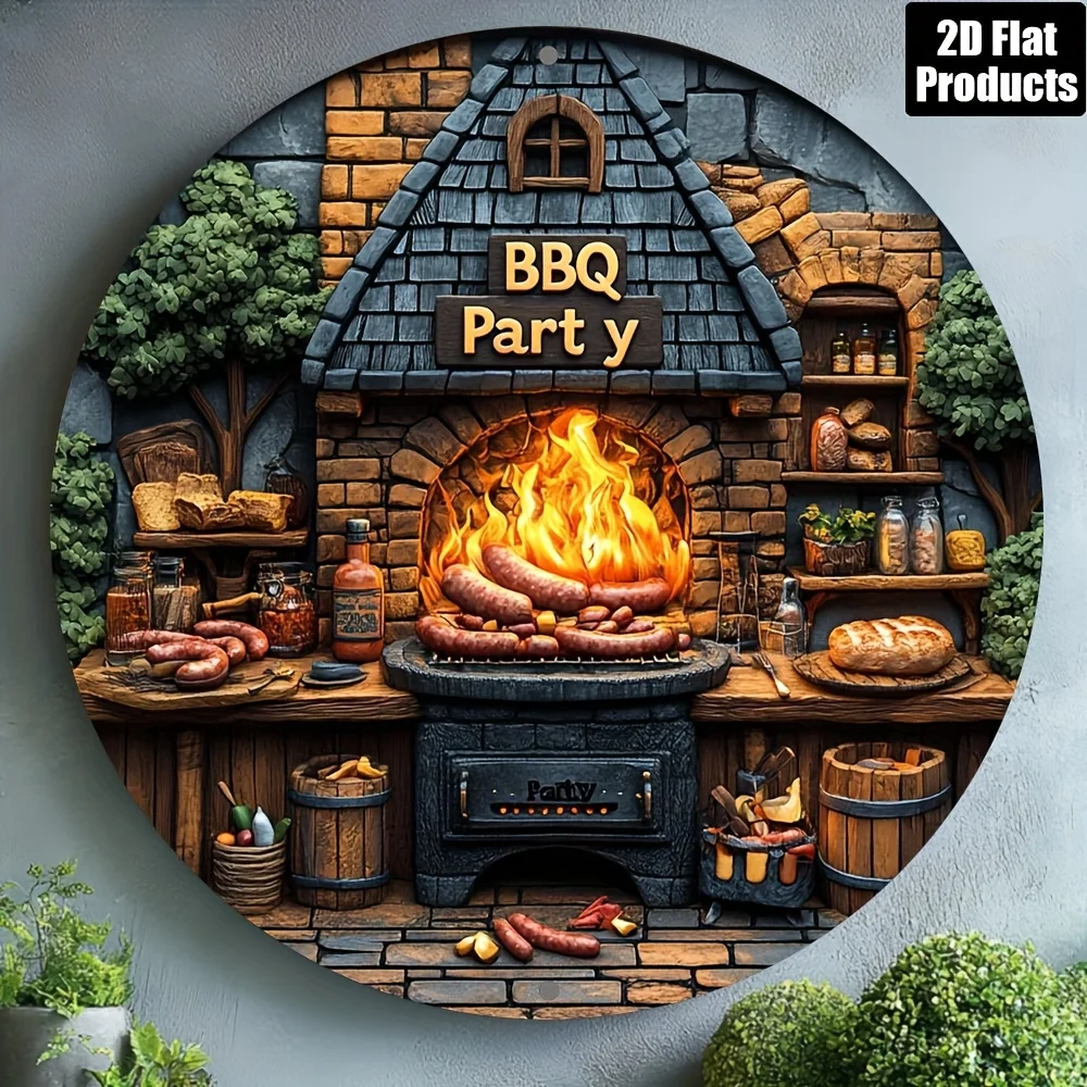 2D Flat - 2D Plane, 1pc, Barbecue Party Theme, Round Aluminum Metal Decorative Plaque Sign, Home Decoration, Suitable for Bar Ki