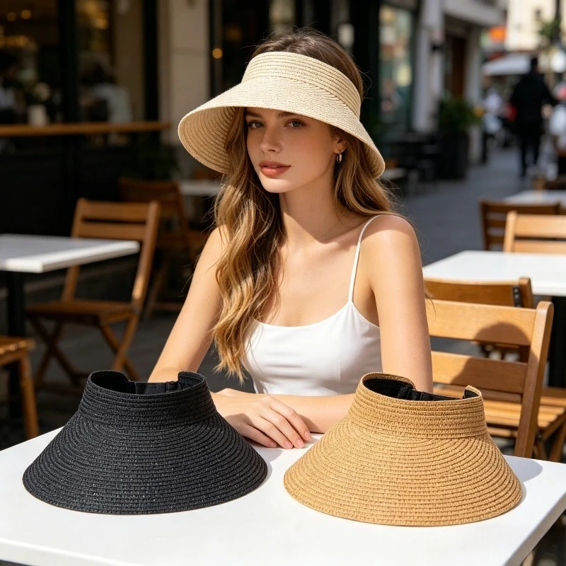 Womens Straw Open Visor Hat Rollable Adjustable Foldable Brim Sun Hat Lightweight Summer Beach Outdoor Cap