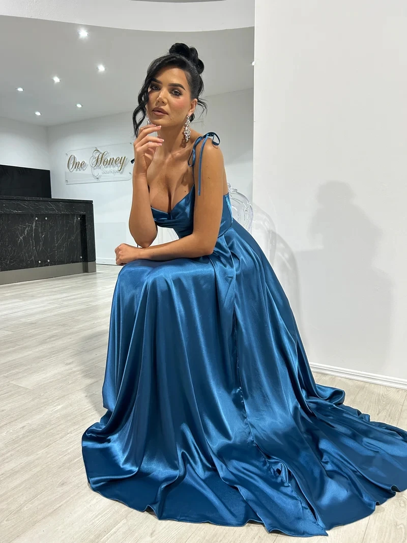 Ladies Navy Blue A-line Long Satin Evening Dresses For Women 2024 Spaghetti Straps Sexy Slit Cocktail Prom Party Gown Gala Dress