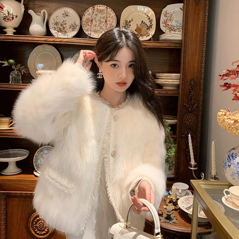 인조 모피 코트 여성용 모피 재킷 솔리드 포켓 라운드 넥 긴 소매 싱글 브레스티드 루즈 캐주얼 오피스 레이디 2025 가을 겨울