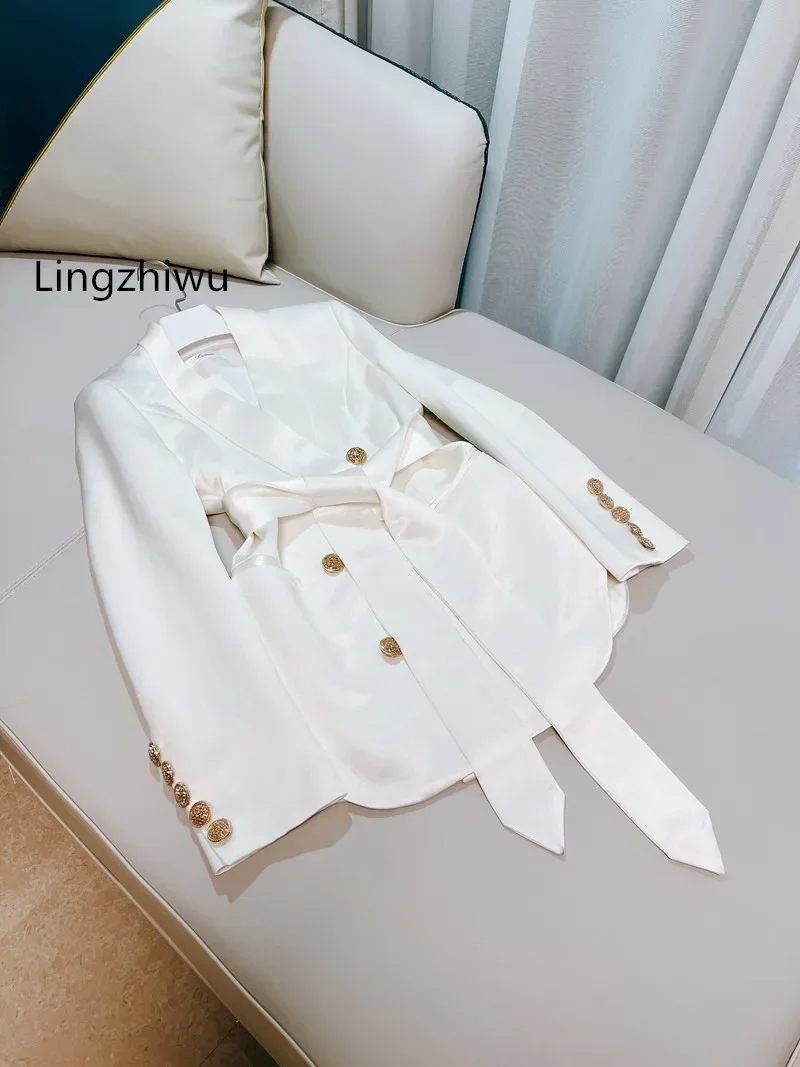 French Vintage British Metal Buttons White Acetate Satin Belt Coat Ladies Casual Blazer Outerwear Top Quality White