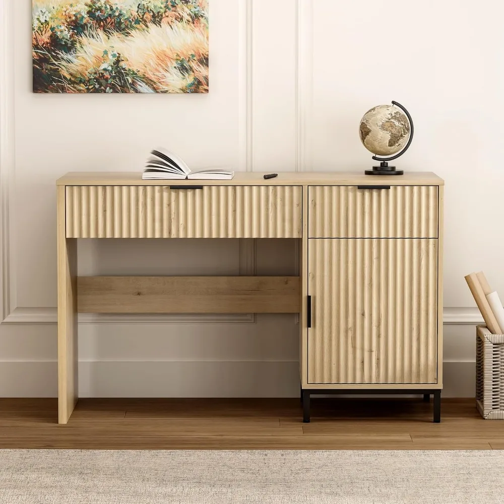 

47" Home Office Desk with Fluted Drawers, Wood Exectuive Desk with Storage Cabinet, Charging Station, Metal Legs Modern Farmhous