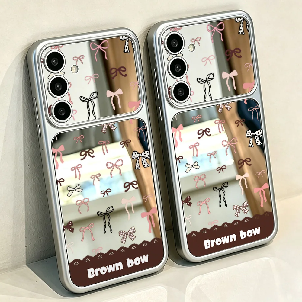 Cute Bow Mirror Phone Case With Wrist Strap For Samsung S26 Ultra S25 S24 FE A56 A36 A55 A26 A57 A17 A16 TPU Shockproof Cover