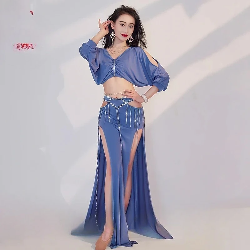 Feminino meia manga superior + abs pedras saia longa 2 peças para menina oriental dança do ventre outfit dança do ventre desempenho traje conjunto
