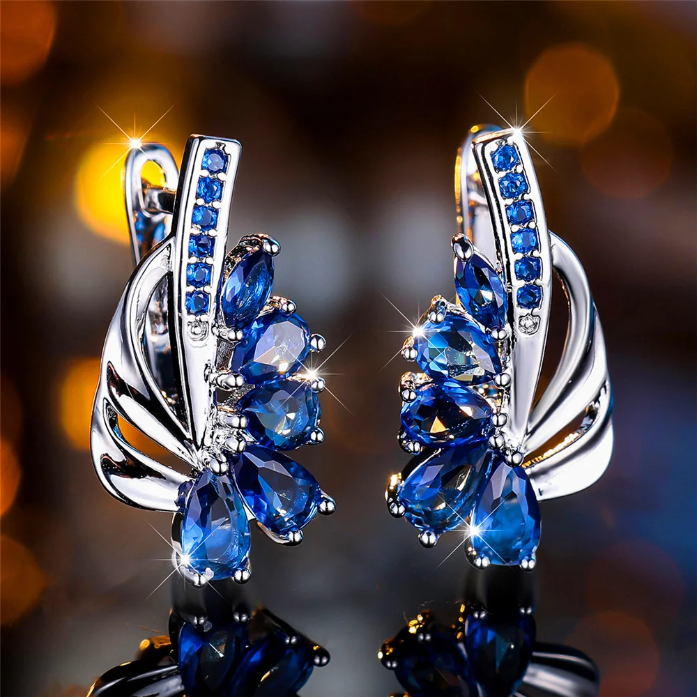 Luxuriöse Damen-Clip-Ohrringe mit blauem Zirkonstein, silberfarben, trendiger Hochzeitsschmuck für Frauen