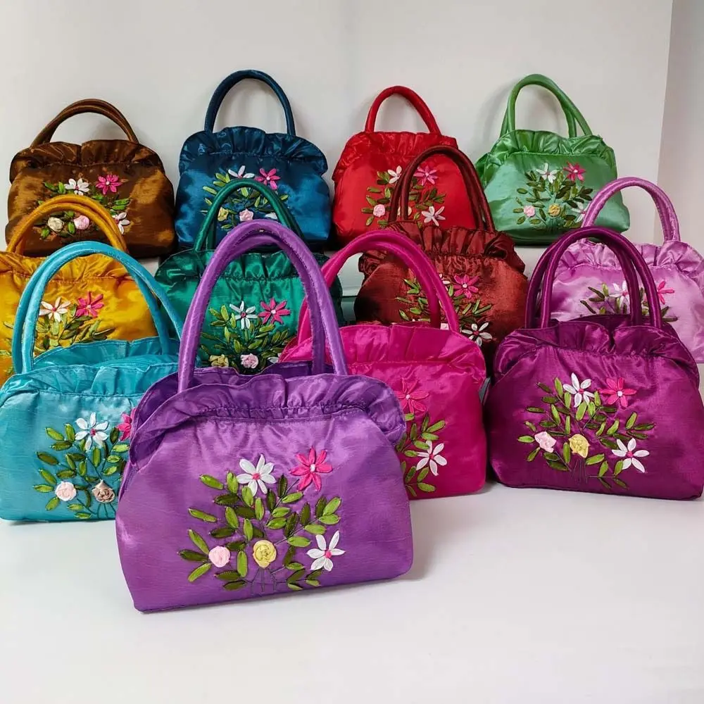 Satin Silk Embroidery Flower Handbag Ruffle Ethnic Style Tote Bag Korean Shopping Bag Zipper Flower Wrist Bag Outdoor