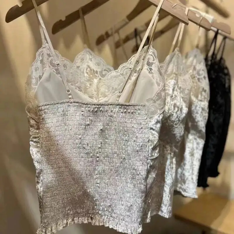 V-neck Lace Trim Thin Strap Velvet Camisole Women's Summer Fashionable Temperament Multiple Styles Adjustable Straps  Camisole