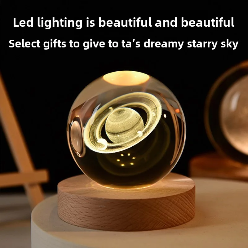 Pop Galaxy Crystal Ball 3D Luminous Lighting Ornament Creative Wooden Base Crystal Ball Night Light