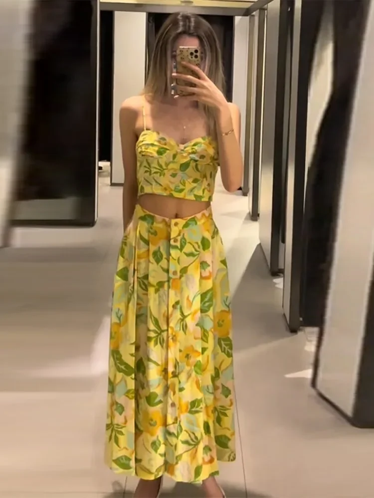 

Топ с лямкой на шее и принтом, комплект полуюбки, сексуальный облегающий жилет на подтяжках, короткая блузка, укороченная однобортная длинная юбка с высокой талией