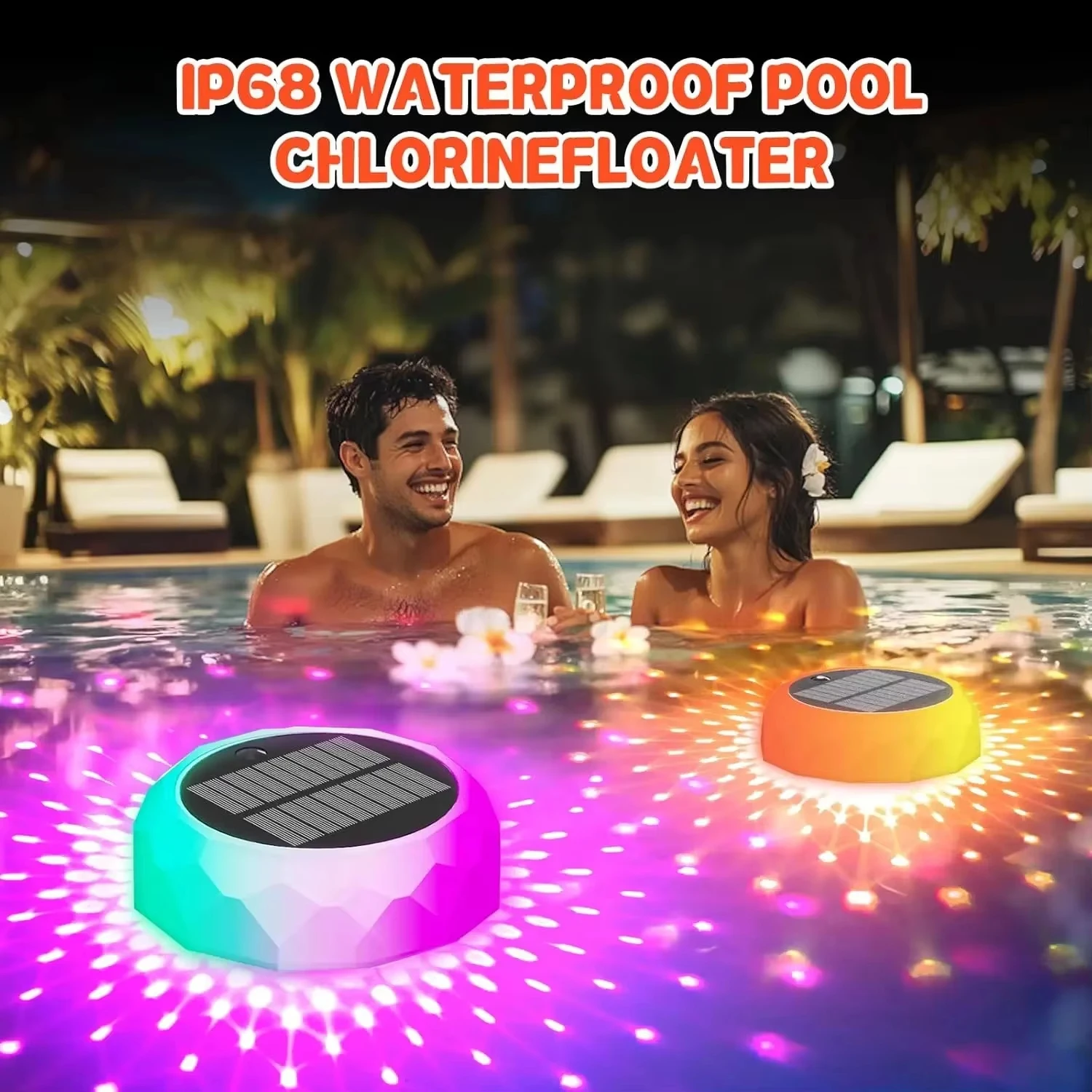 

Solar Pool Chlorine Floater, Pool Lights That Float with Remote Control, 8 Lighting, Timing Mode IP68 Waterproof for Pool Party