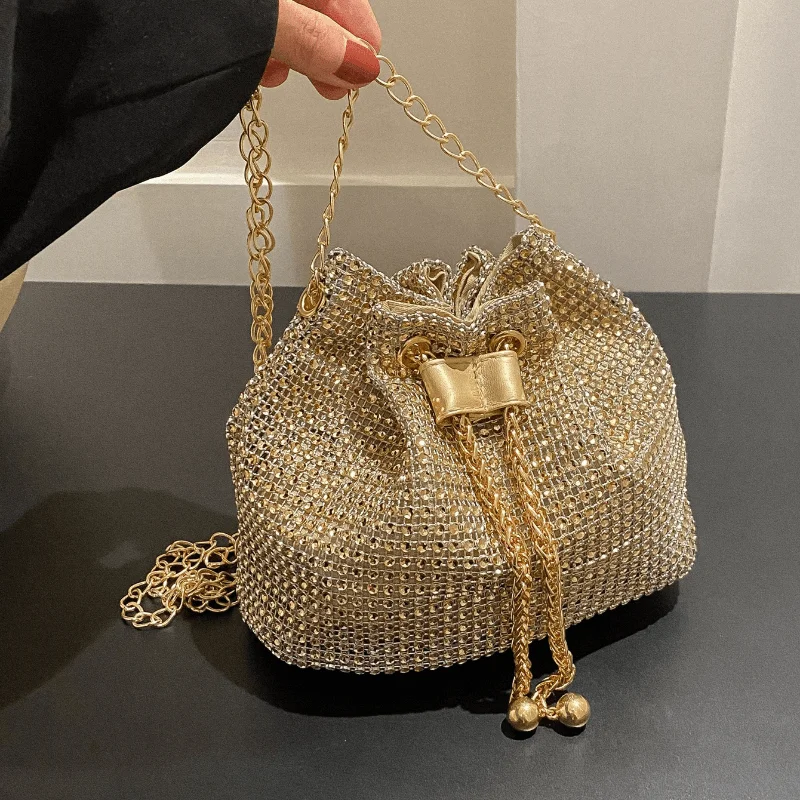 Women's Glitter Rhinestone Crossbody Bag Drawstring Bucket Handbag Multi-Functional Formal Design for Daily Commute