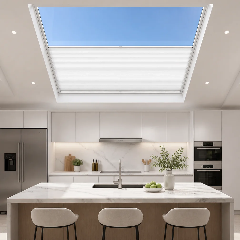Motorized Skylight Honeycomb Blinds. Cellular half blackout. Waterproof. Thermal insulation. For roof windows & home decoration.