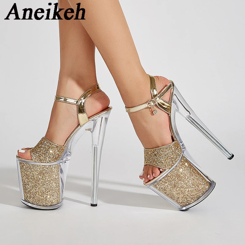 Aneikeh 2024 Sexy Sequin Fabric Platform Super High Heels Women\'s Sole Heels Transparent Buckle Strap Sandals Strip Pole Dance