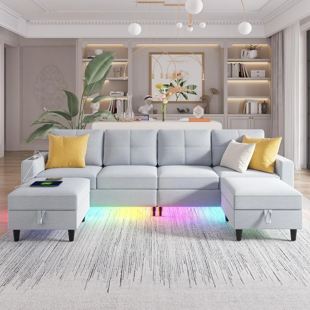 LED Oversized Segmented Sofa Living Room Set,U-shaped Sofa Living Room Set with Automatic Sensor RGB Lights and Charging Station