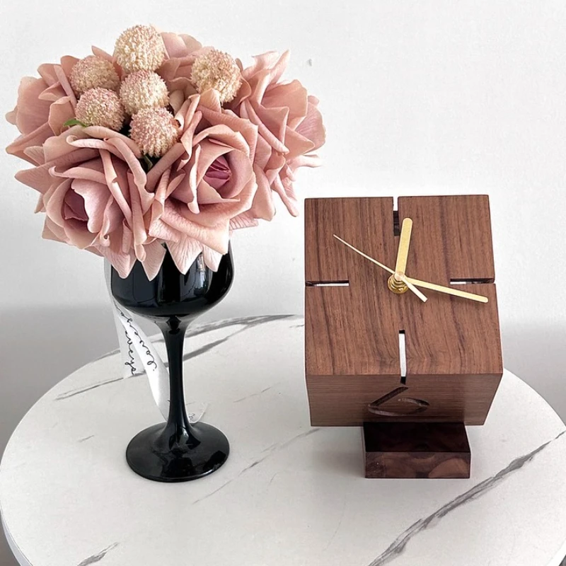 Minimalist Cube Table Clock Black Walnut Hollow-Out Desk Clock with Silent Movement Modern Geometric Home Decor for Office