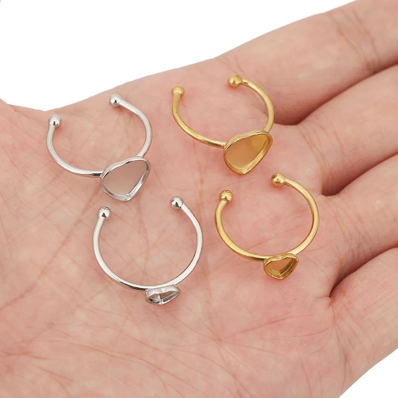 5pcs Adjustable Stainless Steel Heart Ring Settings Tray Findings PVD Never Fade Cabochon Cameo Ring Base For Diy Jewelry Making