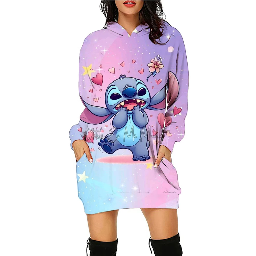 Women\'s fashionable hooded sweatshirt dress for Christmas Disney\'s Lilo&Stitch autumn and winter long sleeved hooded dress, slim