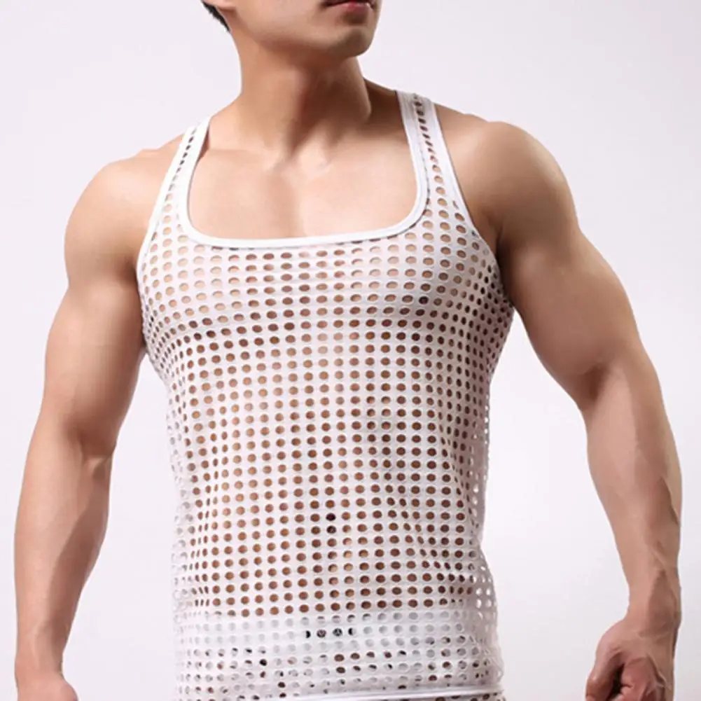 Sexy Men Vest Hollow Out Mesh Sleepwear Fish Net Pure Color Vest