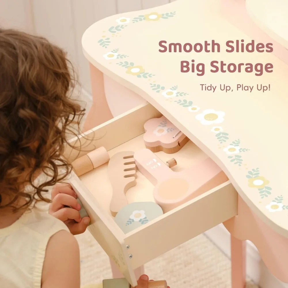 طقم طاولة وكرسي للأطفال من OOOK مع أضواء، مزود بمكياج مع شاشة تعمل باللمس 3 ألوان، زينة للفتيات باللون الوردي، ما يكفي من أجل Rea