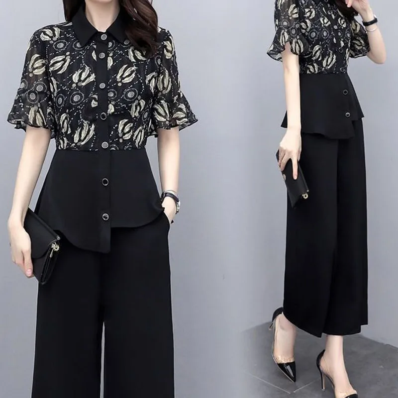 Women\'s 2023 Summer Casual Printing Spliced Blouse Two Piece Set Commute Elegant Fashion Wide Leg Pants Sets Female Clothing