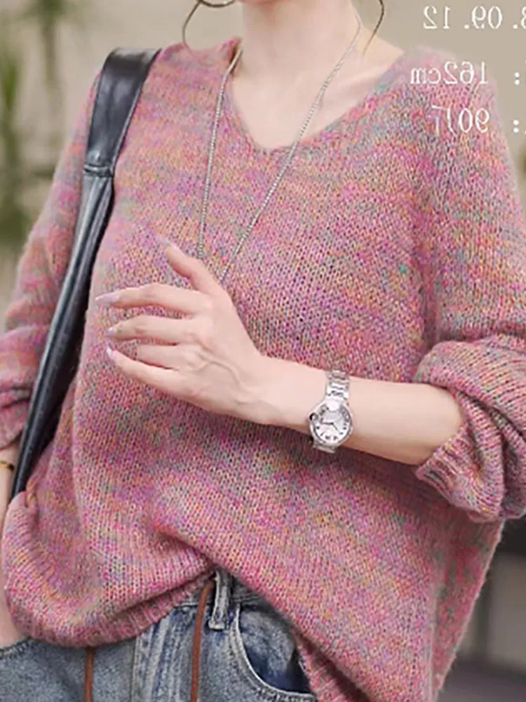 سترة كورية Sle Lazy Faion سترة محبوكة شبابية طويلة Sve غير رسمية فضفاضة على شكل حرف V ملابس تريكو نسائية #4