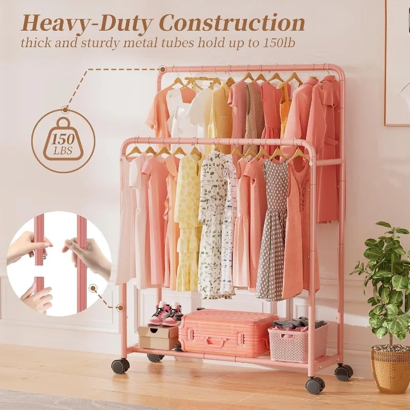 Furniture Multi-Functional Rolling Clothes Rack with Double Rods and Shelves Pink