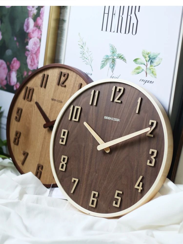 14 inch Nordic decorative wall clock living room wooden mute table Japanese style simple modern quartz