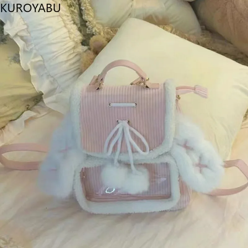 Sweet Pink Mini Backpacks for Women Rabbit Ears Cute Corduroy Lolita Jk Ita Bag Transparent Plush Kawaii Female Aesthetic Bags