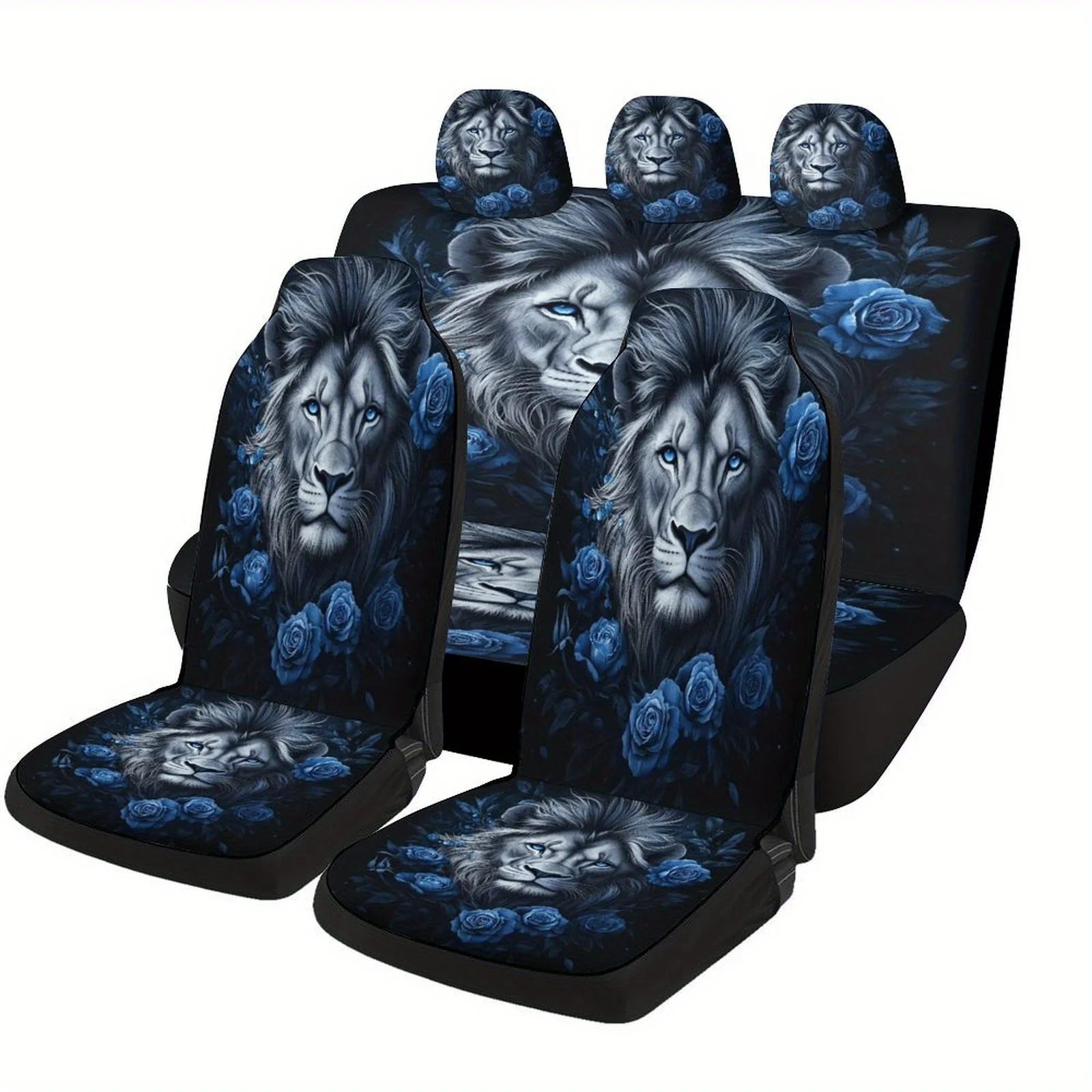 

Blue Lion & Roses Themed Car Seat Cover Set - Stylish Full Coverage Protector For Most Cars, Fits Front & Rear Seats, Polyester