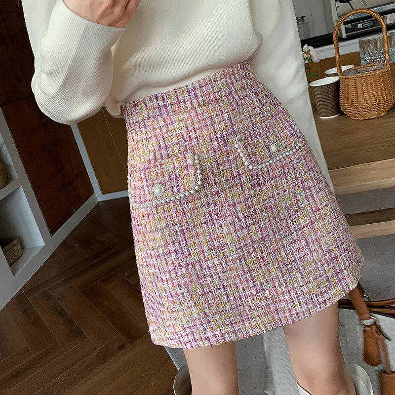 Vintage Spring New Plaid Tweed Skirts for Women High Waist Slimming Wool Korean Chic Buttons Elegant Office Lady Mujer Faldas