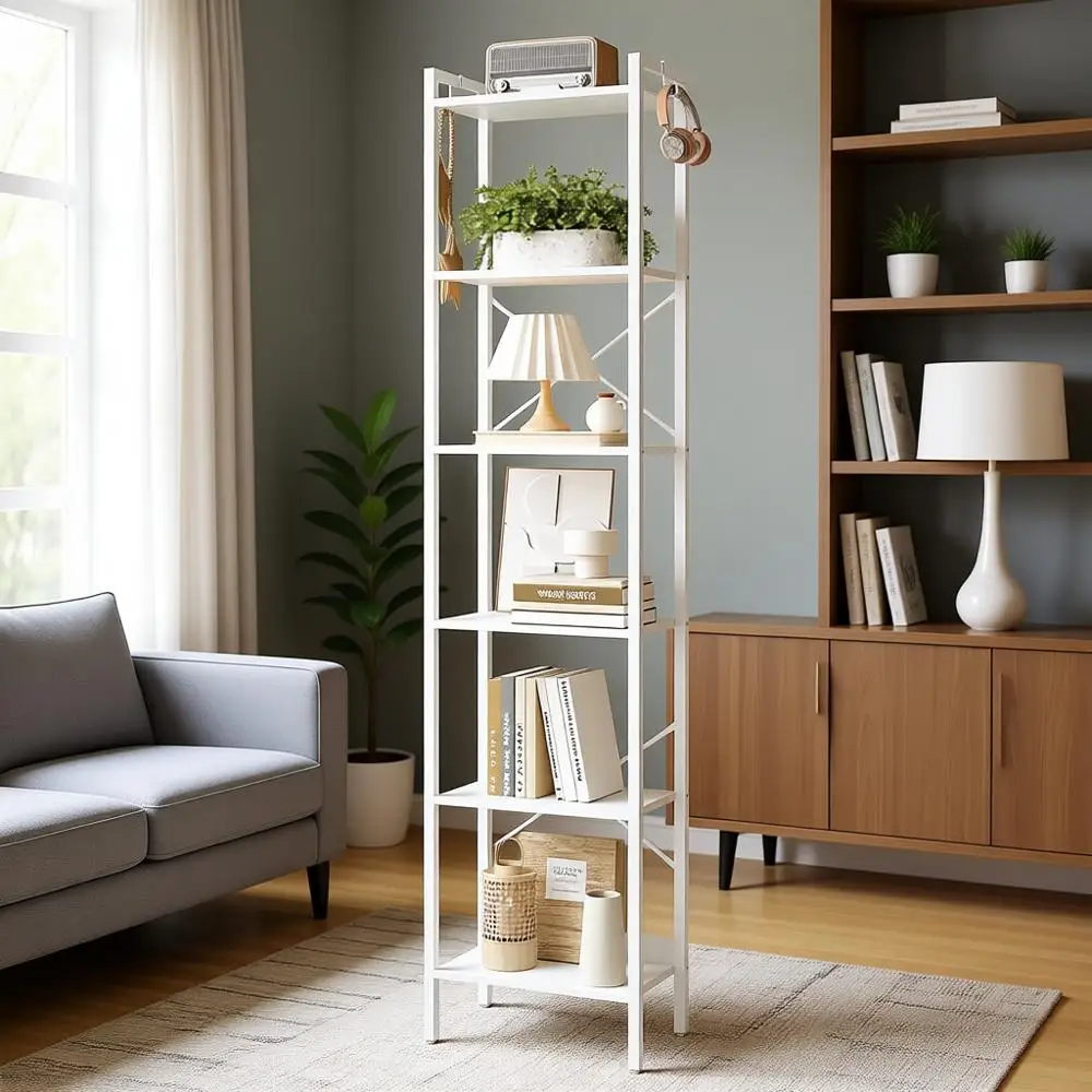 

6-уровневый белый книжный шкаф в индустриальном стиле с крючками для хранения дома и офиса