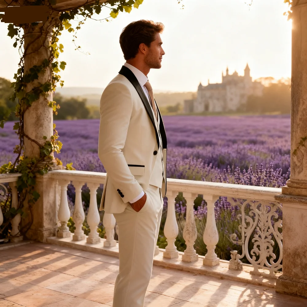 

Classic Fitted Men's 3-Piece Tuxedo Smoking Suit with Unique Lapel Single Breasted Blazer Vest Pants Set