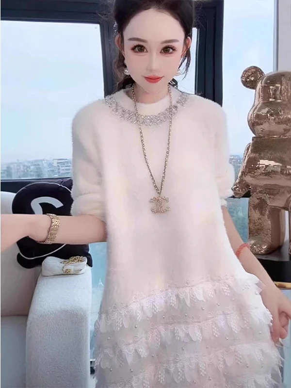 

Женский модный зимний свитер с тяжелыми украшениями и ромбовидной рюшами, мягкий уютный вязаный топ средней длины для женщин