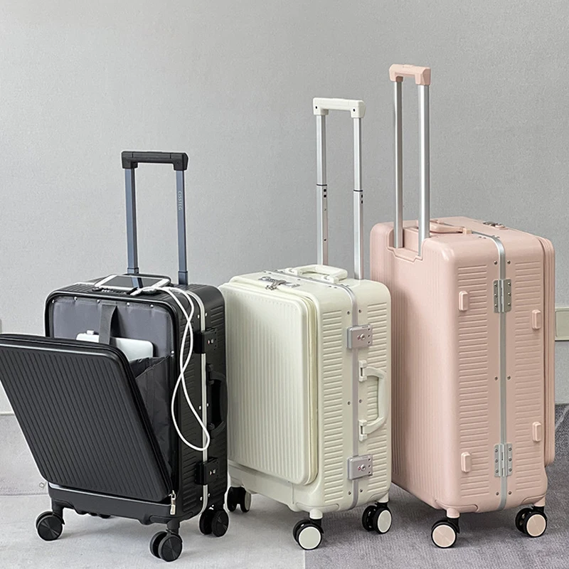 

MultiFunctional Front Open Suitcase 18/20/22/24 ABS Travel Suitcases With Double Compartment Peach Skin Shockproof for Men Women