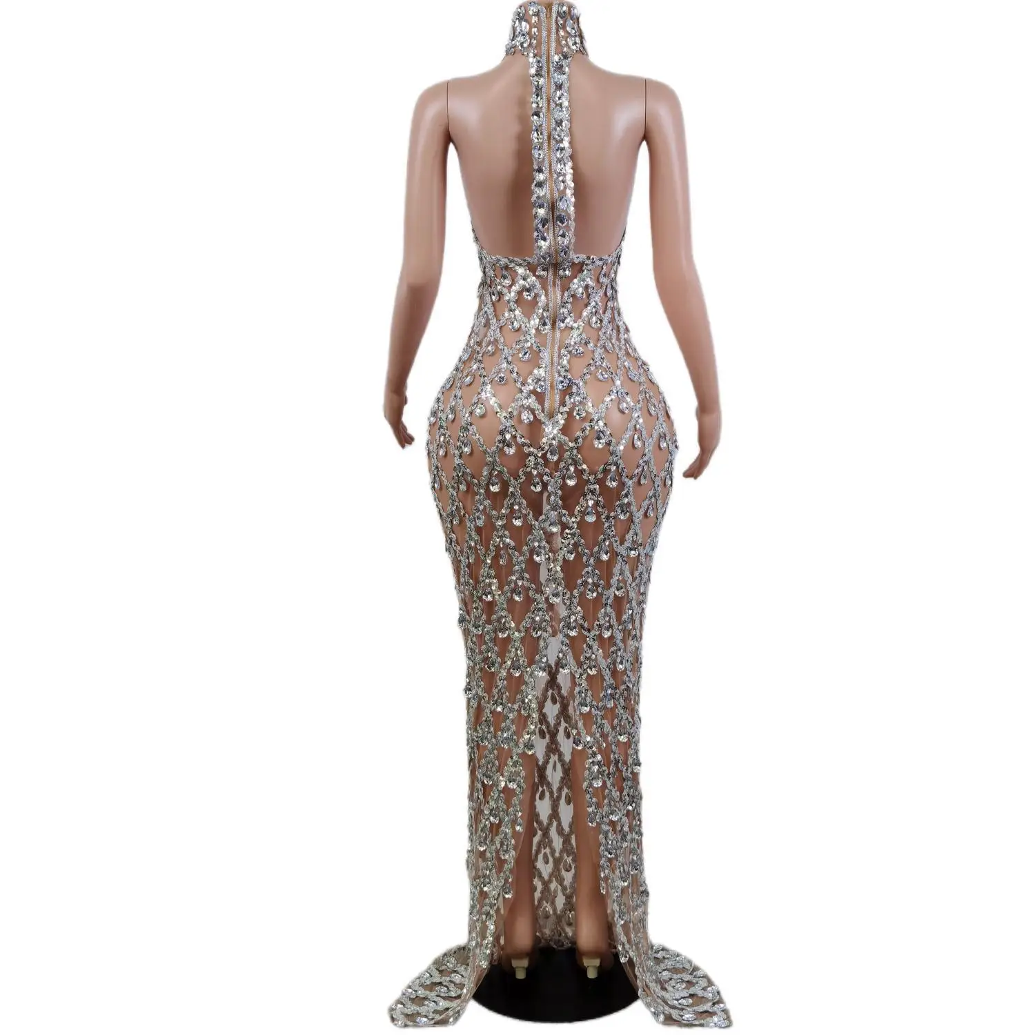 Robe de Charbon Argentée Transparente à Col Haut, Tenue de Soirée, de Festival, de Bal en Strass, d'Ocassion Spéciale, X2201017