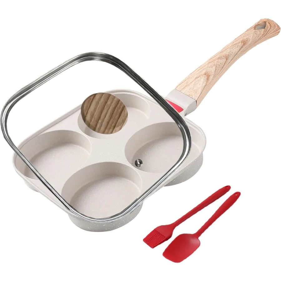 

Сковорода для яиц, 4 чашки, сковорода для омлета с антипригарным покрытием и крышкой для завтрака, сковорода для яиц, блинов с 1 лопаткой, 1 кисточкой, белая